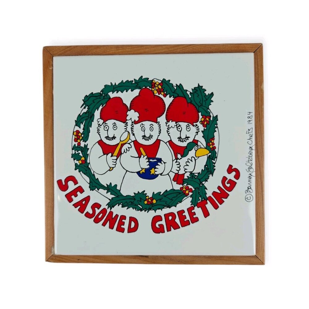 Vintage 1984 Barney Saltzberg Chefs Trivet Seasoned Greetings Wood Ceramic